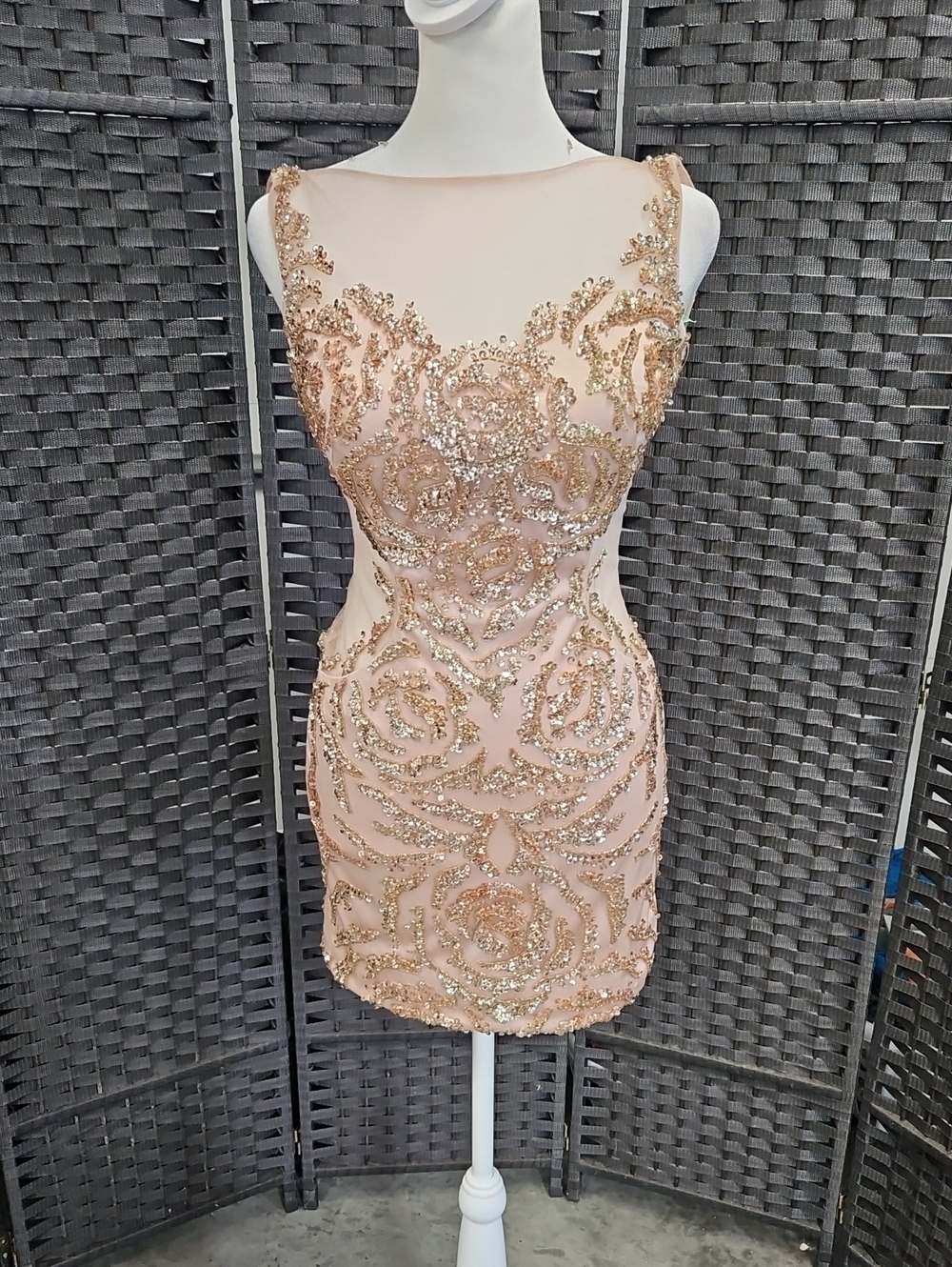Size 2 Champagne/Blush Pink Illusion Sides Beaded/Sequin Atria Couture Cocktail